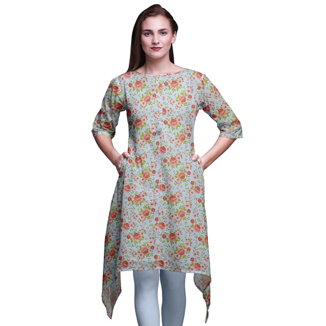 Bimba Kurti Asymétrique à Imprimé Floral Feuilles Bleues et Pivoines pour Femmes Robe d'Été Indienne Tunique XSmall