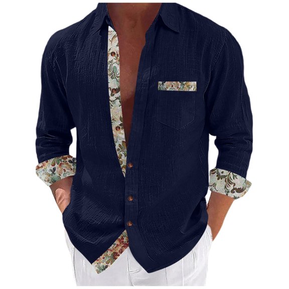 Dagegui Long Sleeve Shirt for Men Breathable Linen Shirts Patchwork Button Down Turndown Collar T-Shirt Casual Beach Tee Tops with Chest Pocket Navy S