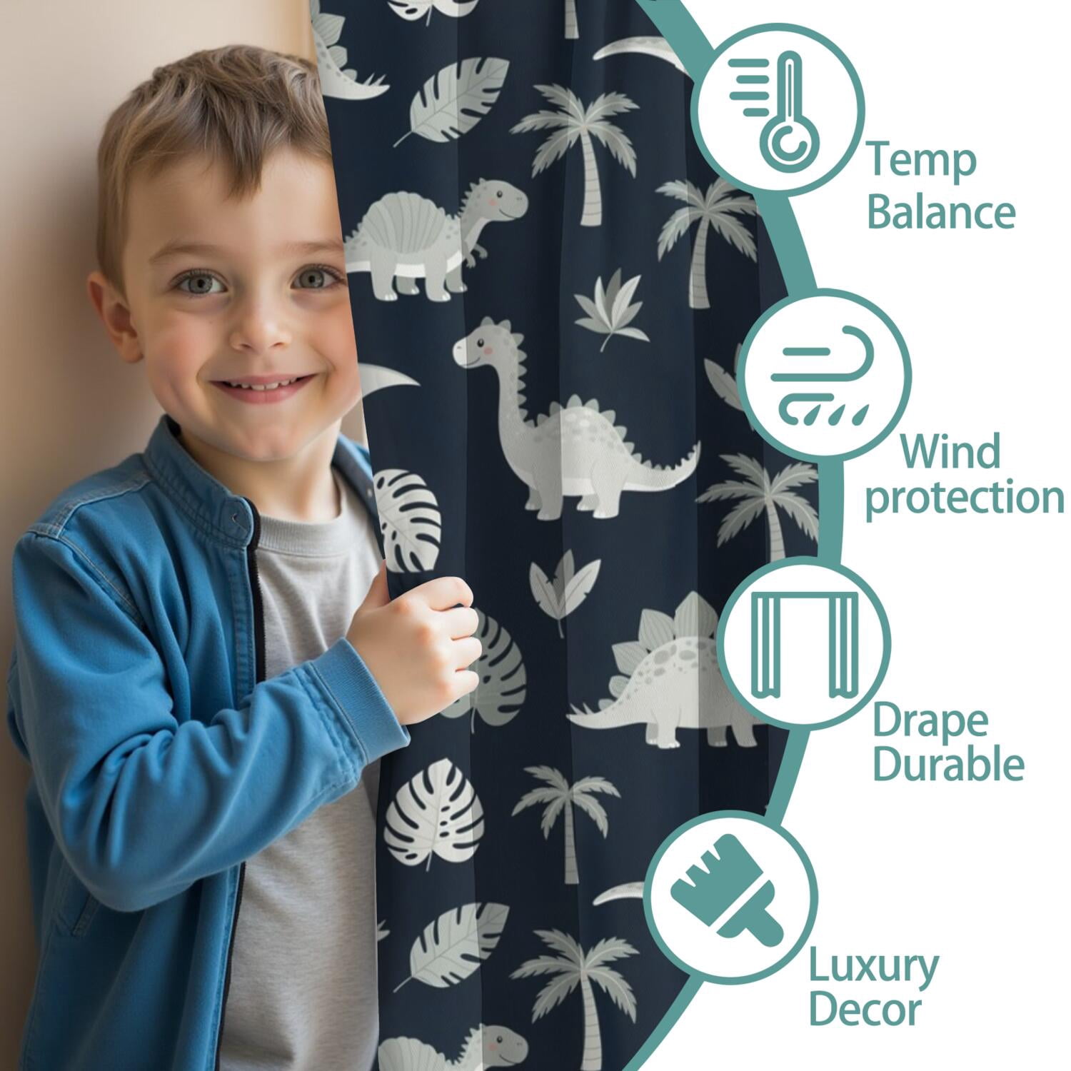 Blackout Kids Curtains,Gray Dinosaurs Exotic Leaves Childrens Insulated Curtains Set Of 2,Bedroom Essentials,Toddler Room Decor 42"x84"