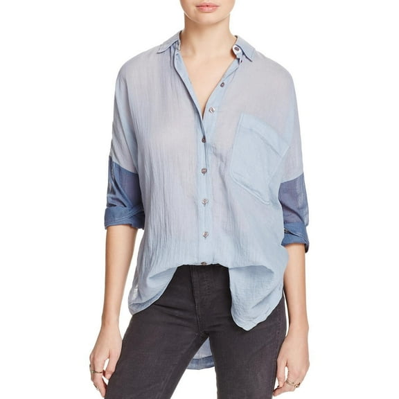Free People Womens Colorblock Long Sleeves Button-Down Top Blue Combo XS