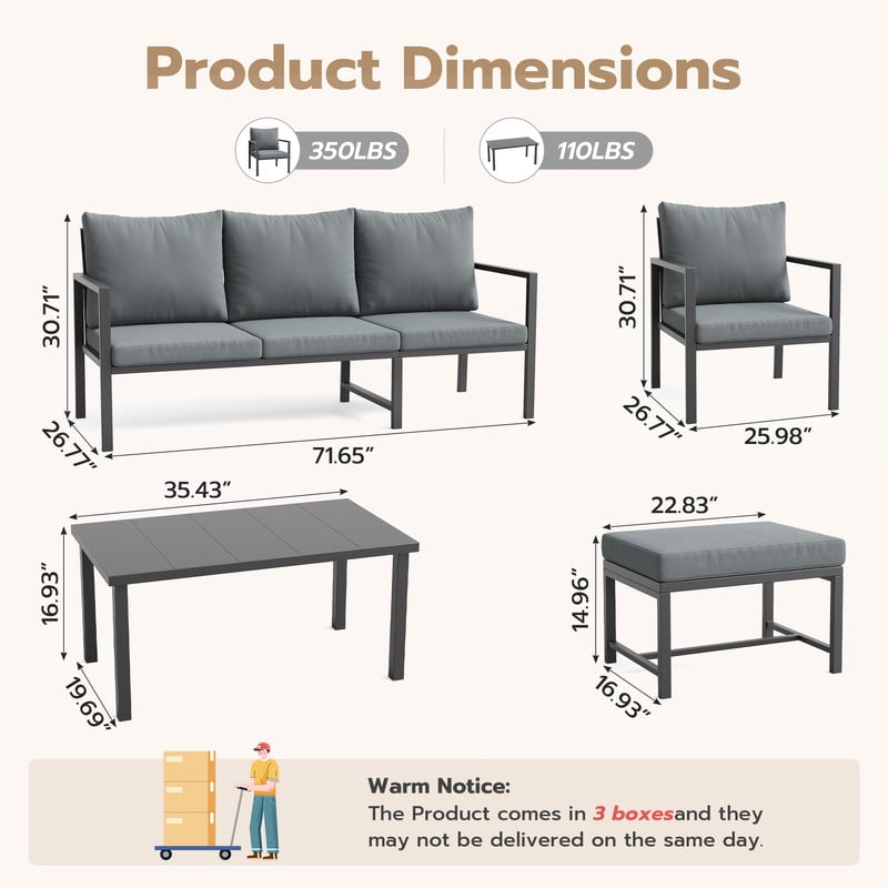 MRUAKA 6-Piece Outdoor Patio Conversation Set, Metal Frame Furniture Sofa with Armchairs & Coffee Table, Weather-Resistant Cushions for Balcony, Deck, Poolside Gray