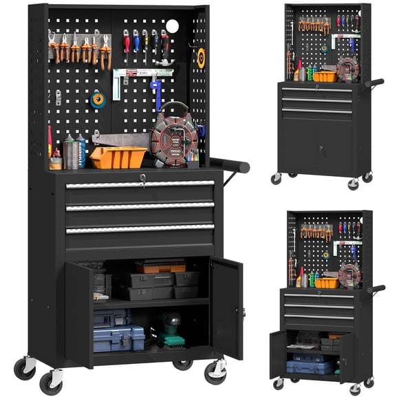 HOMCOM Tool Cabinet with Pegboard, Mobile Tool Chest with Lock, Black