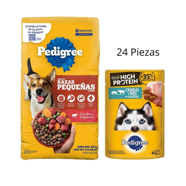 Pedigree Adulto Raza Pequeña 20 Kg + Caja Pedigree Adulto High Protein Sobre Cerdo Y Res 85gr (24 Pzas)