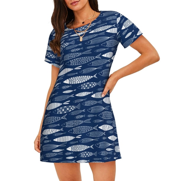 Disketp Ornamental Fish para Camisón Corto de Manga Corta para Mujeres, Camisón Cómodo con Escote Redondo, Bonito y Confortable