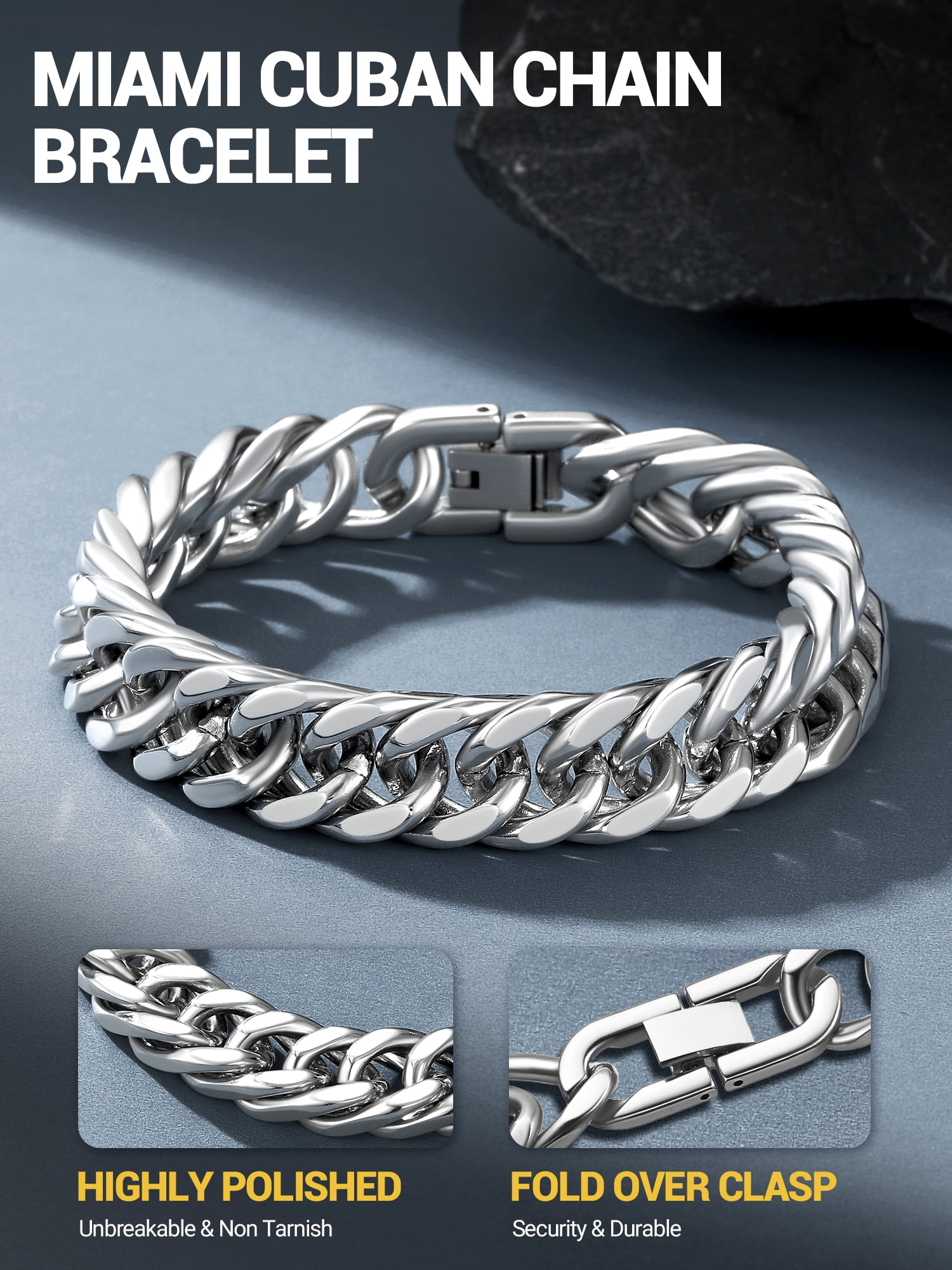 PROSTEEL 12mm Men Silver Cuban Chains Bracelets Chunky Stainless Steel Franco Link Bracelet Father Day Hand Bracelet Jewelry Birthday Valentine Graduation Gifts 9 inch