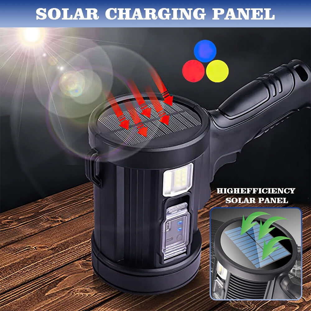 Rechargeable Spotlight, 10000 Lumens Bright LED Flashlight, Outdoor Long Running Handheld Searchlight with Solar Panels for Hunting,Camping,Fishing (6 Modes, IPX5 Waterproof)