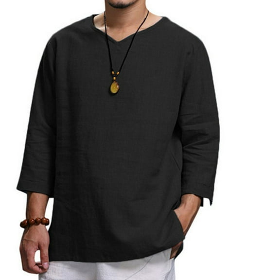 SWSMCLT Men's Cotton Thin Casual Blouse Linen Shirt 3/4 Sleeve Shirt V Neck Loose Lightweight Soft Spring Summer Beach Top Black Small
