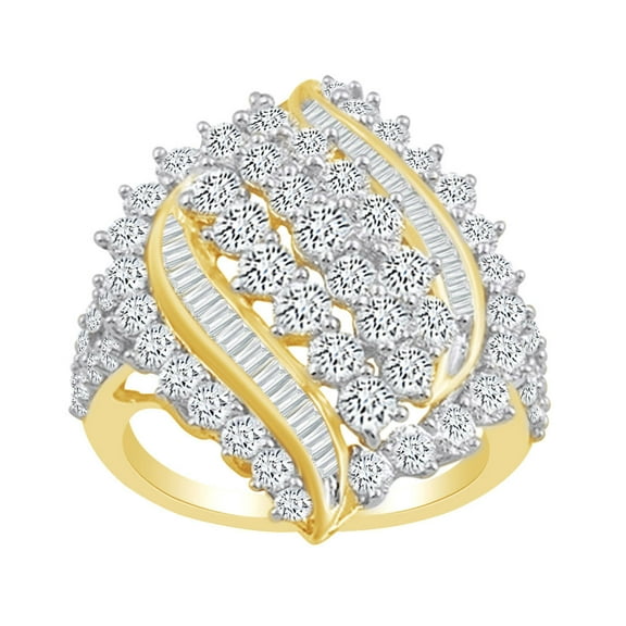 AFFY Round & Baguette Shape White Natural Diamond Cocktail Ring In 10k Solid Yellow Gold (3 cttw)