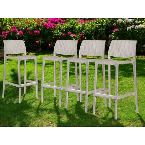 HomeRoots 565347 30 in. Taupe Faux Rattan Heavy Duty Plastic Outdoor Bar Height Chairs - Set of 4