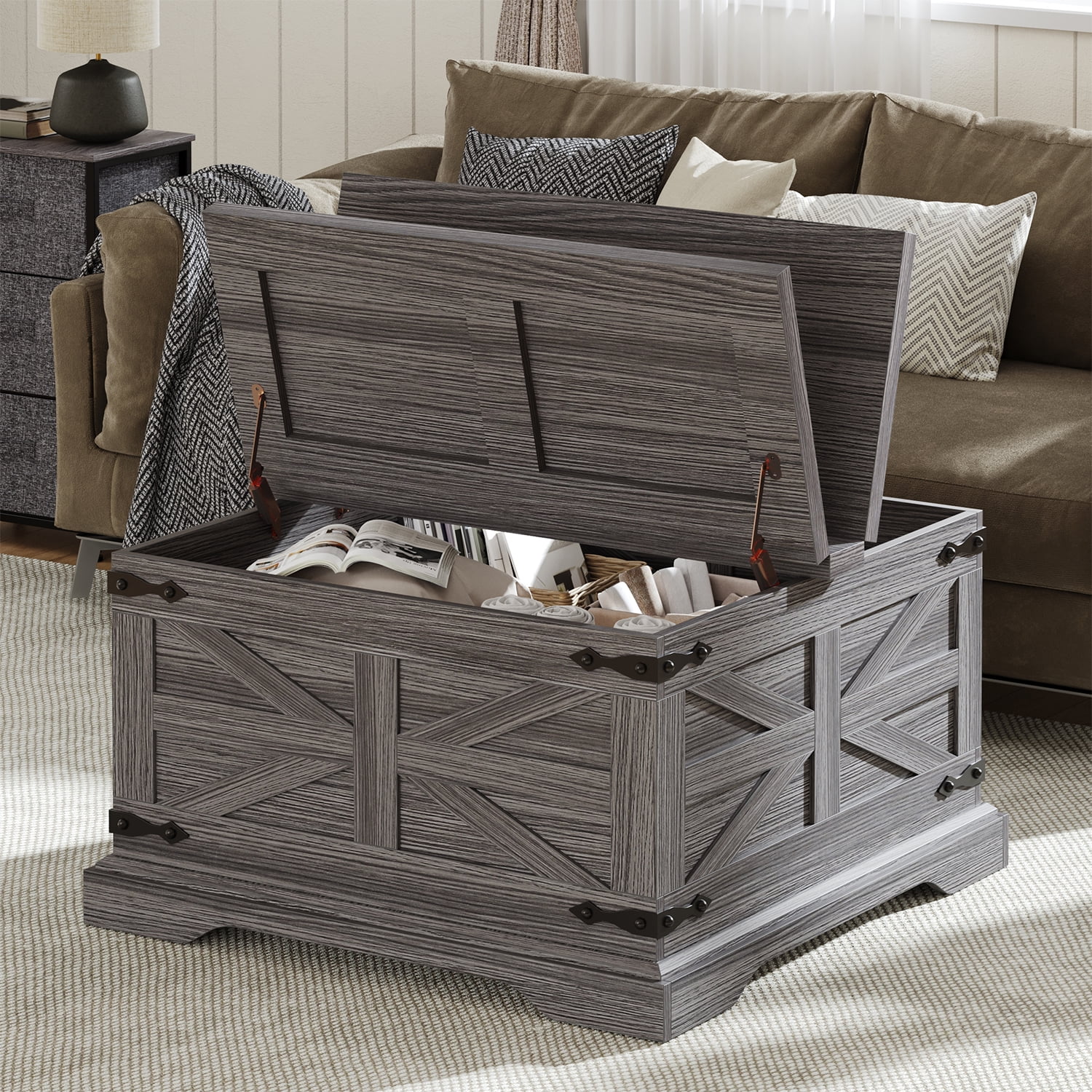 VVFLU Farmhouse Square Coffee Table with Storage for Living Room, Hinged Lift Top Soft Close, Grey