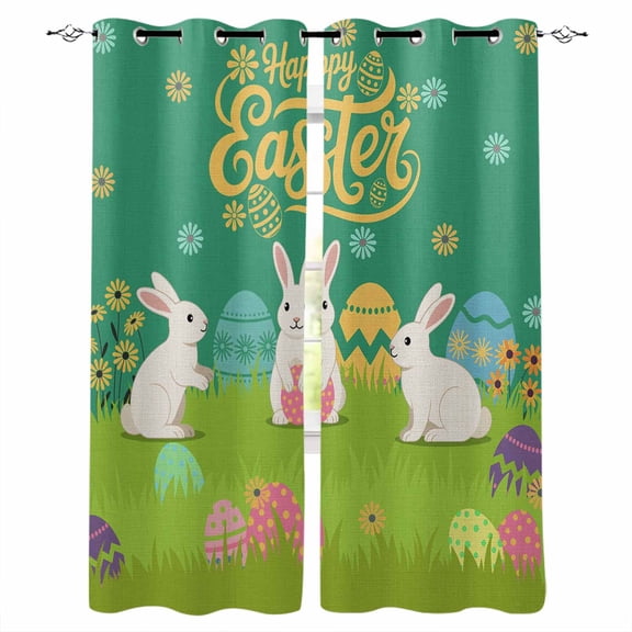 Happy Easter Blackout Curtains 45 Inches Long, Kitchen Black Out Window Treatments, Rabbits Eggs Spring Daisy Floral Grass Green Thermal Insulated Lined Drapes for Small Window with Grommet 42"x45"