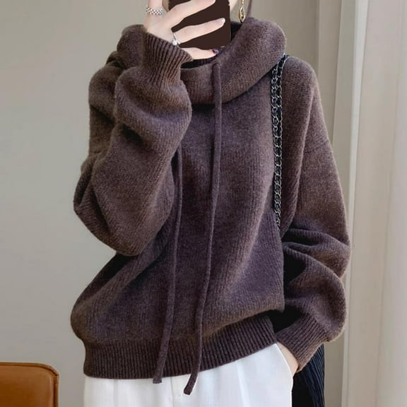 Karight Turtleneck Hooded Sweater Women High Neck Drawstring Pullover Long Sleeve Knit Sweater Cowl Neck Warm Jumper Outwear