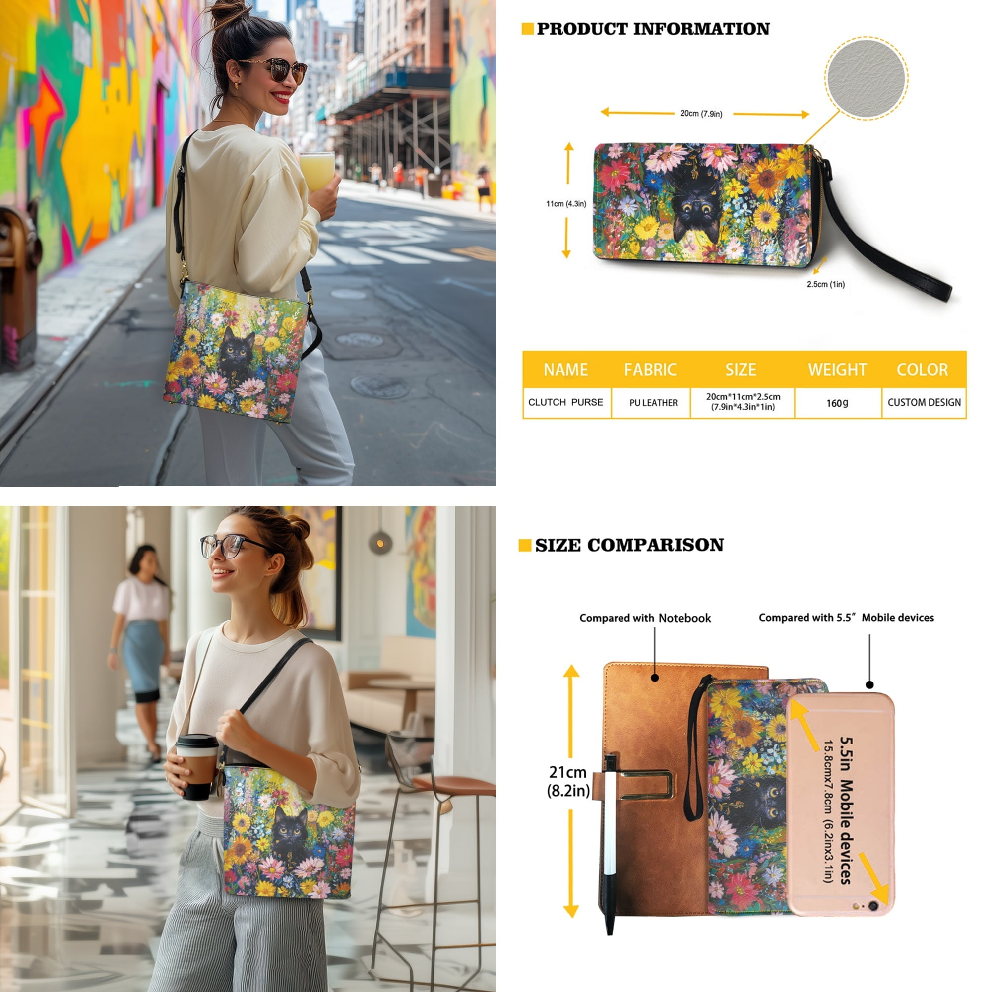 ZUXONGSY Black Cat Daisy Flower Print Trendy Leather Crossbody Handbag with Wrist Wallet for Women, Lightweight Bucket Bag Purse and Wallet Set for Daily Use Travel