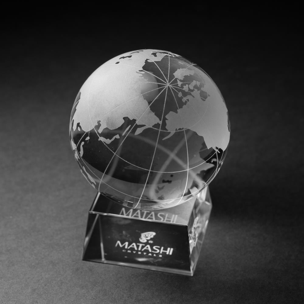Matashi Crystal Paperweight for Desk with Etched Globe Ornament and