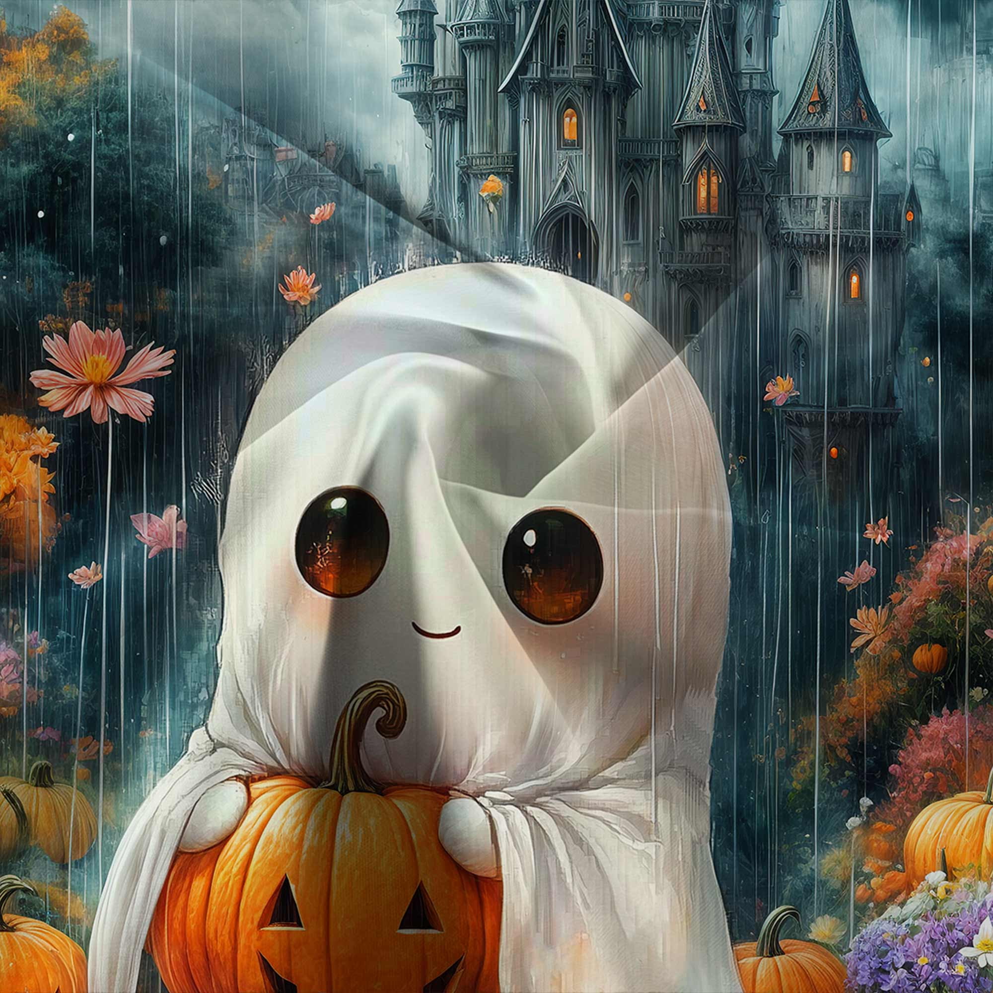 Fall Halloween Shower Curtain, Cute Spooky Halloween Ghost Castle in the Rain Bath Curtain, Funny Gothic Pumpkins Floral Waterproof Shower Curtain Set with Hook, 72X72in