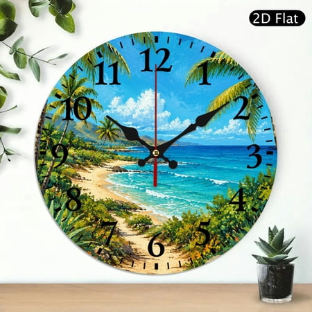 Patifu 10 Inch Round Wooden Wall Clock Tropical Beach Palm Trees Print Silent Sweep Movement 10x10in