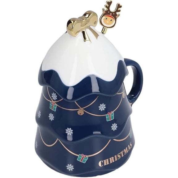 Christmas Red Ceramic Mug with Snowflake and Santa Claus Charm, 500ML Christmas Mug with Large Capacity, Ceramic Tea Milk Cup, Coffee Cup with Lid and Spoon for Christmas Gifts (Blue)