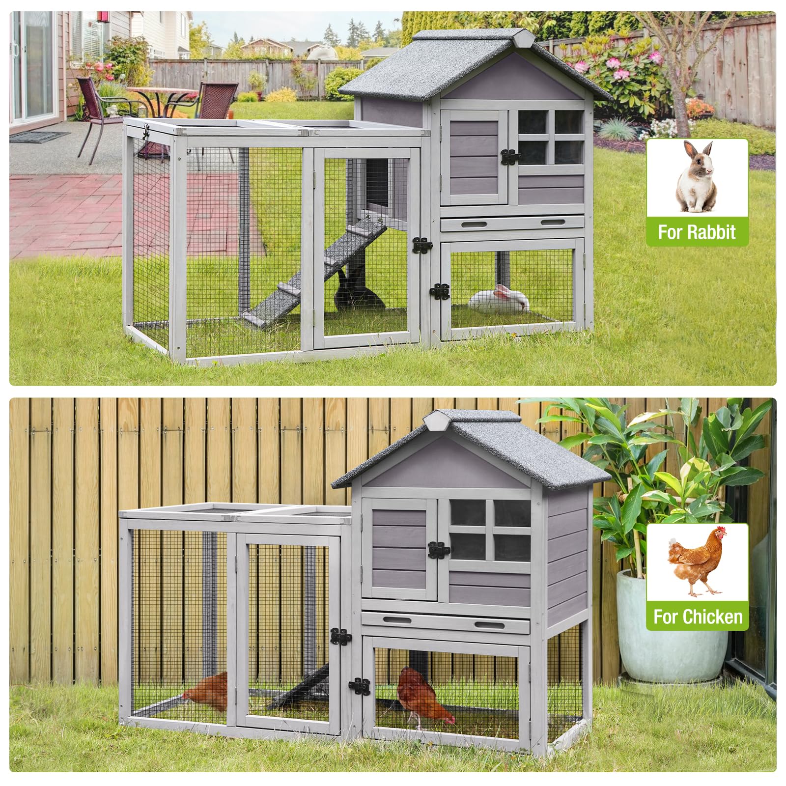 Rabbit Hutch Indoor Outdoor Bunny Cage Expandable with Run Guinea Pig House 51.6 Inch Grey Waterproof Asphalt Roof for Small Animals