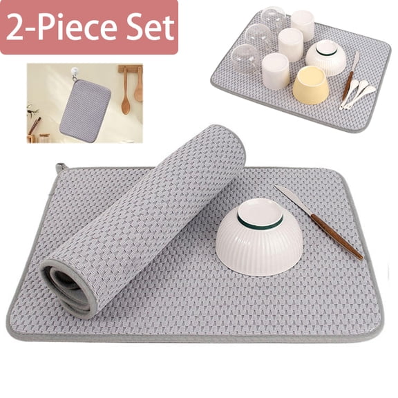 2 Pack Large Dish Drying Mat for Kitchen Counter,24*18 inch Microfiber Absorbent Dish Drainer,Large Size Dish Drying Pad for Countertops,Draining Racks,Sinks(Gray)
