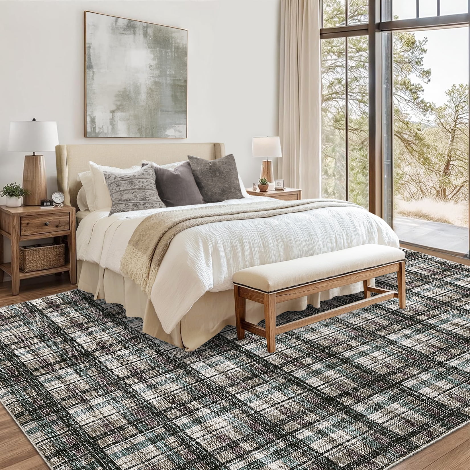 FairOnly 8'x10'Modern Geometric Plaid Non Slip Area Rug British Style Machine Washable Soft Non Shedding Rug for Living Room Bedroom,Brown