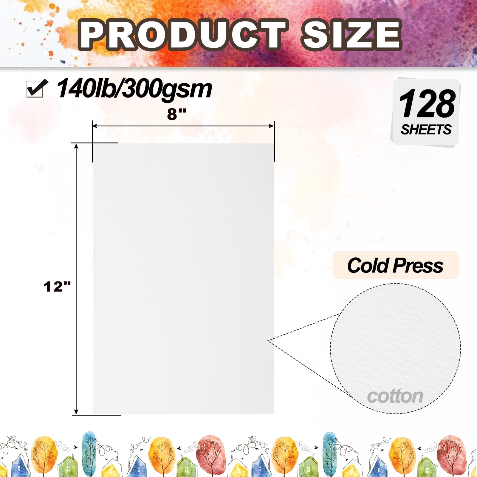 Uxcell 128 Sheets Cotton Watercolor Paper 140lb/300 GSM Paint Paper 8x12 Inch