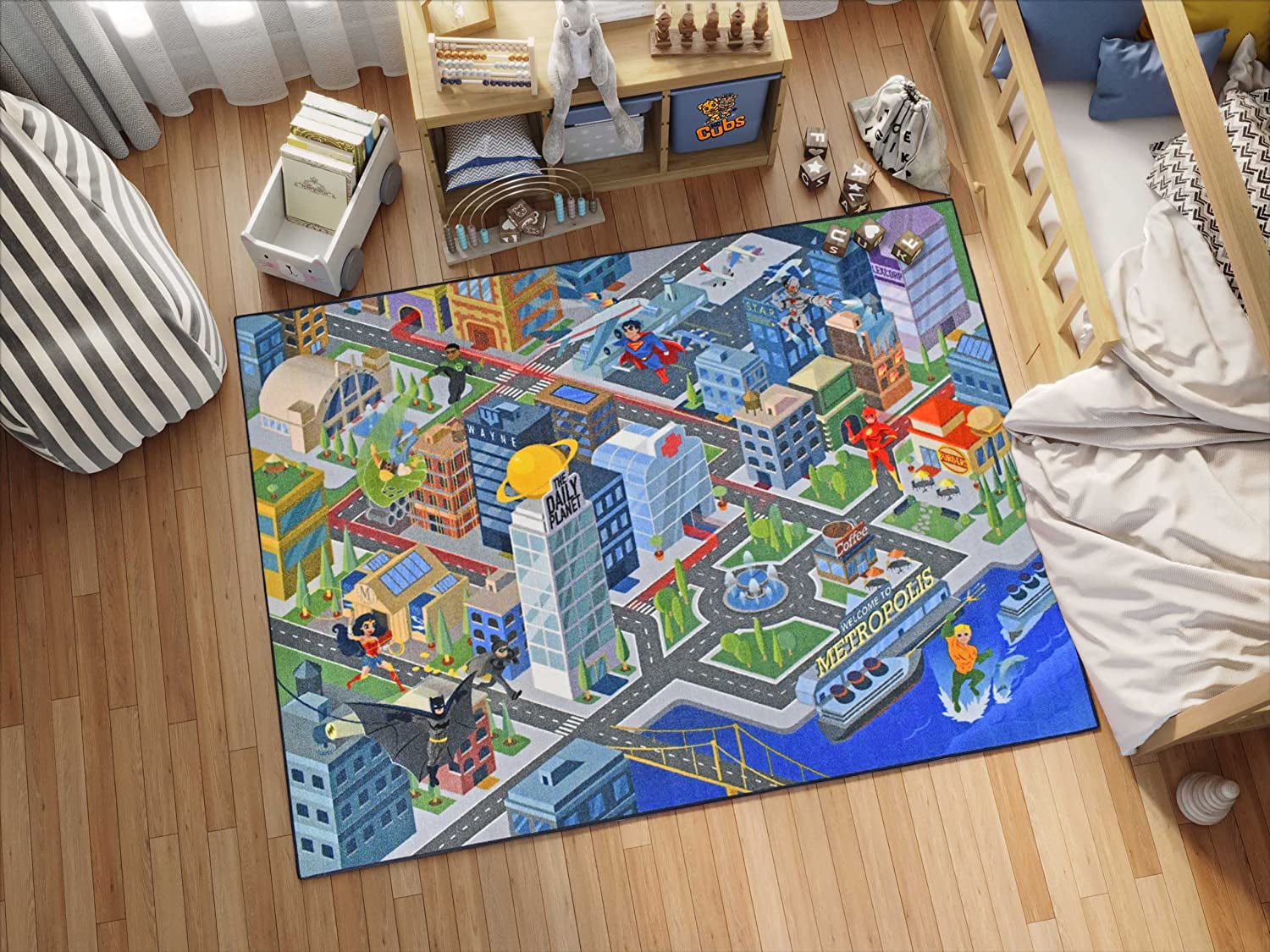 KC Cubs | Justice League Metropolis City Road Traffic Map Educational Learning & Fun Game Area Car Non Slip Rug Carpet for Kids and Children Bedroom, Classroom and Playroom