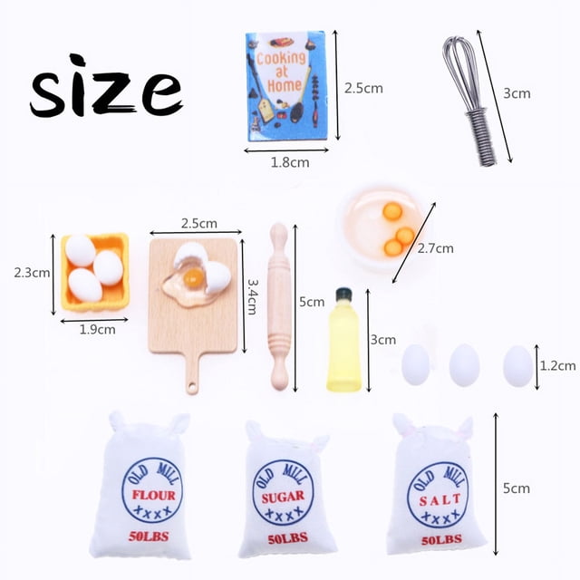 Accesorios de juego de comida en miniatura para casa de muñecas, accesorios de cocina BJD, modelo de libro de cocina, mini batidor de huevos, bolsa de harina