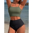 thumbnail image 3 of Sociala Strapless High Waisted Bikini Sets for Women Tummy Control Scallop Ribbed Bandeau Swimsuit Lace up Bathing Suits, 3 of 8