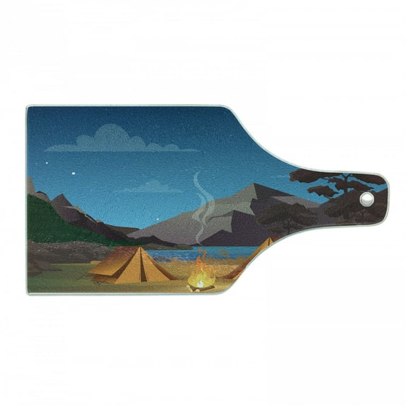 Travel Cutting Board, Camping in Woods with Fire at Night River and Rocky Mountains, Decorative Tempered Glass Cutting and Serving Board, in 3 Sizes, by Ambesonne