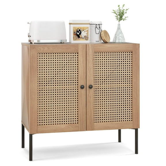 GFNXYI Rattan Buffet Sideboard - Wine Cabinet Cupboard with Adjustable Shelf, Oak