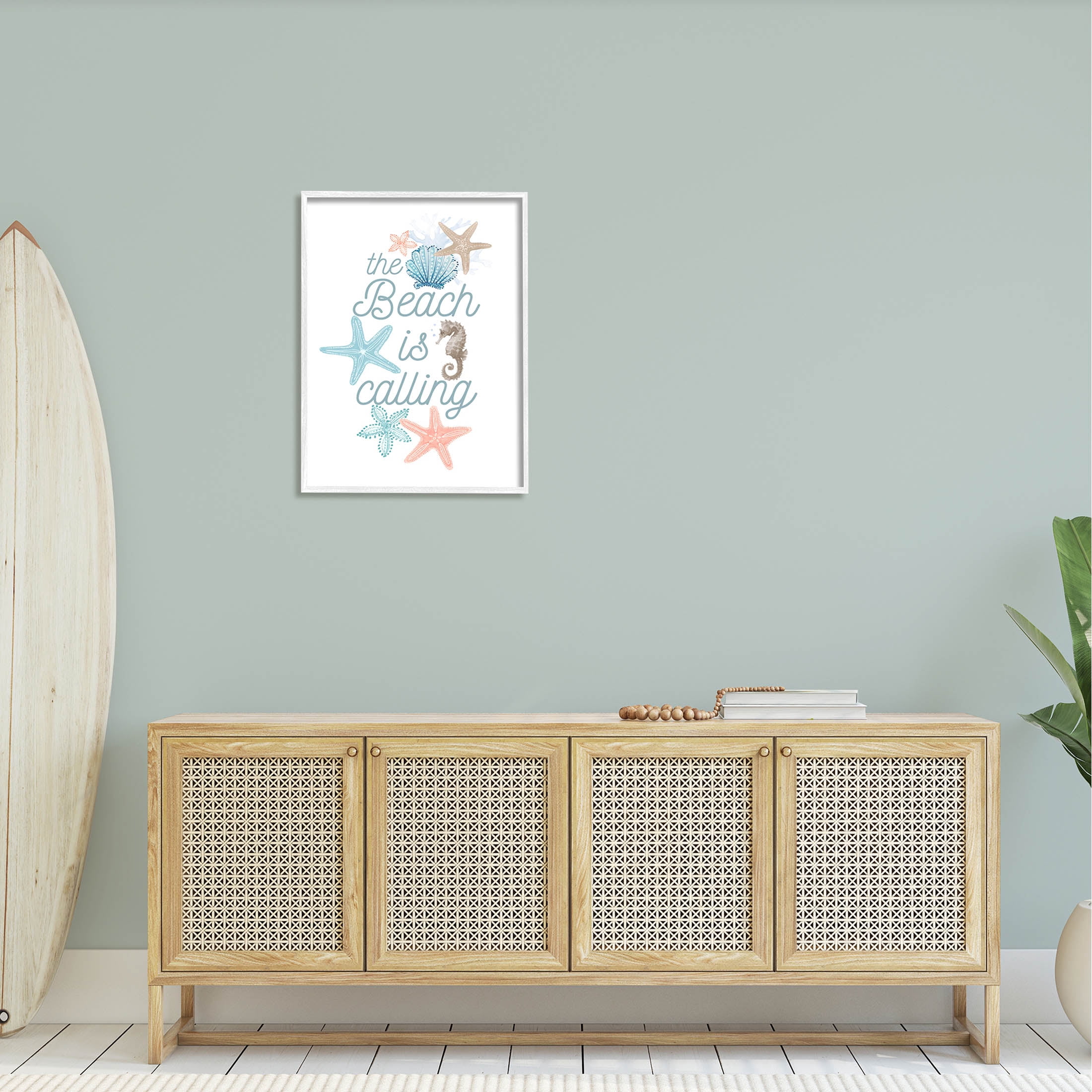 Beach Is Calling Various Sea Life Animals & Insects Graphic Art White Framed Art Print Wall Art