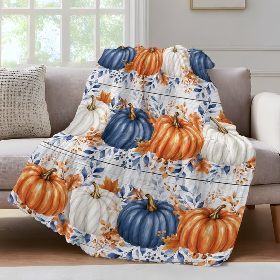 Orange Blue Pumpkins Fleece Throw Blanket for Couch, Thanksgiving Fall Wooden Eucalyptus Microfiber Flannel Blanket for All Season, Lightweight Soft Throw Blankets for Gifts, Home Decor, 32"x47"
