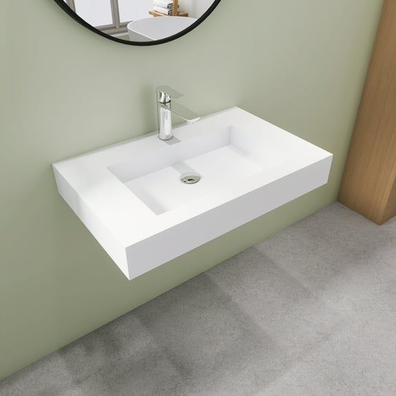 30" Wall Mount Rectangle Vessel Sink with Faucet Hole, Solid Surface Bathroom Vessel Sink