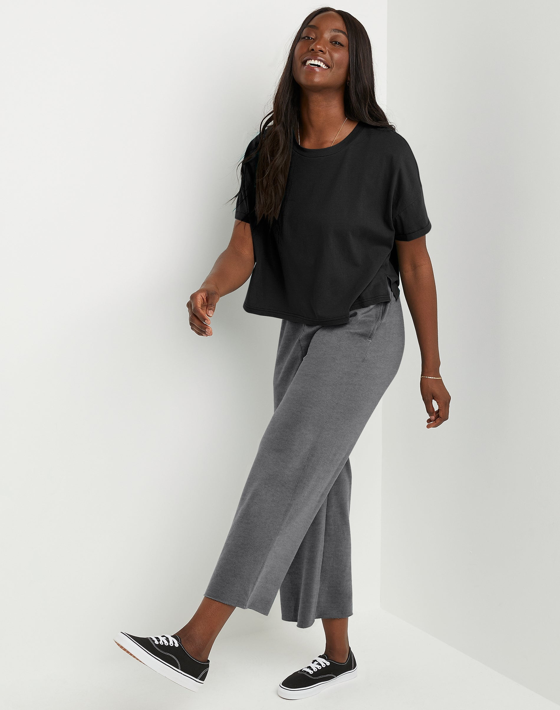 Hanes Women's Tri-Blend French Terry Wide Leg Cropped Pants, Black