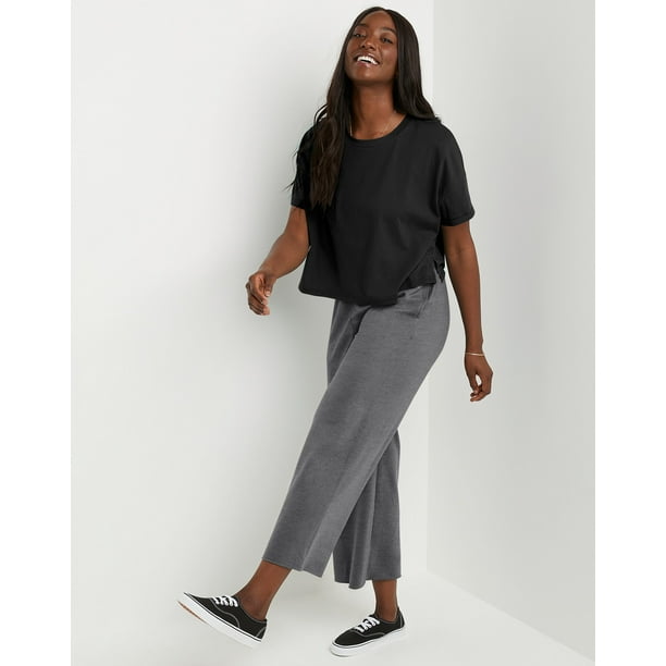 Hanes Women's Tri-Blend French Terry Wide Leg Cropped Pants, Black