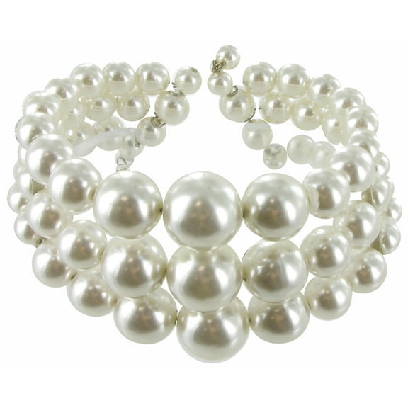 Faux Pearl 3 Strand Shiny Coil Cuff Bracelet Ladies Adult Female Women