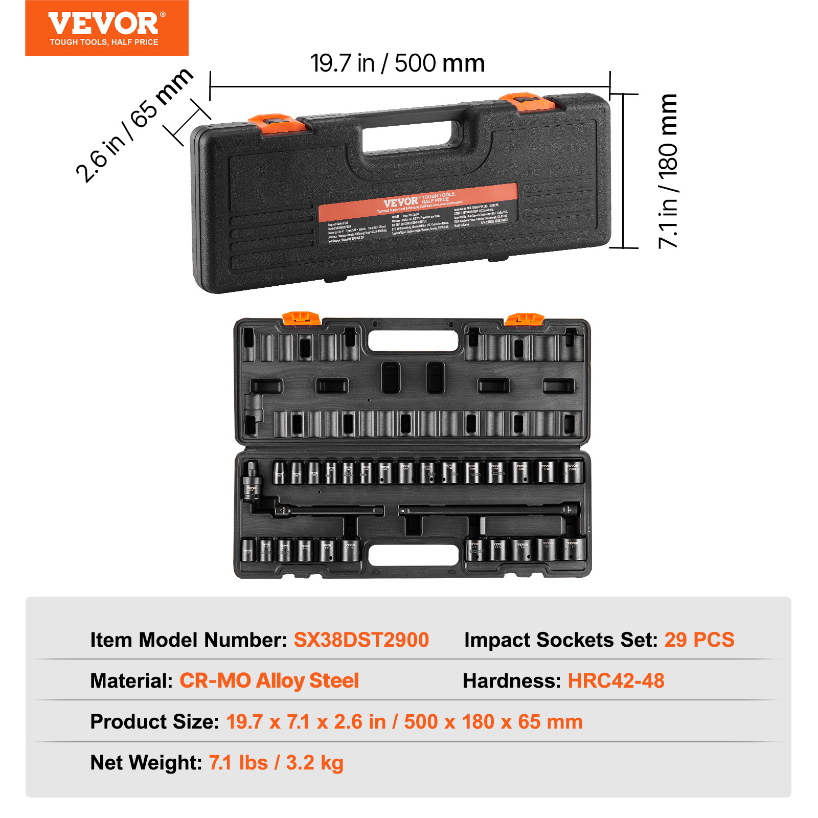 VEVOR 3/8" Drive Socket Set, 29 Pc, SAE 3/8"-1" & Metric 8-22mm, 6 Pt, CR-V Steel, for Vehicle Maintenance, Clear Markings, Durable Build, Includes Case