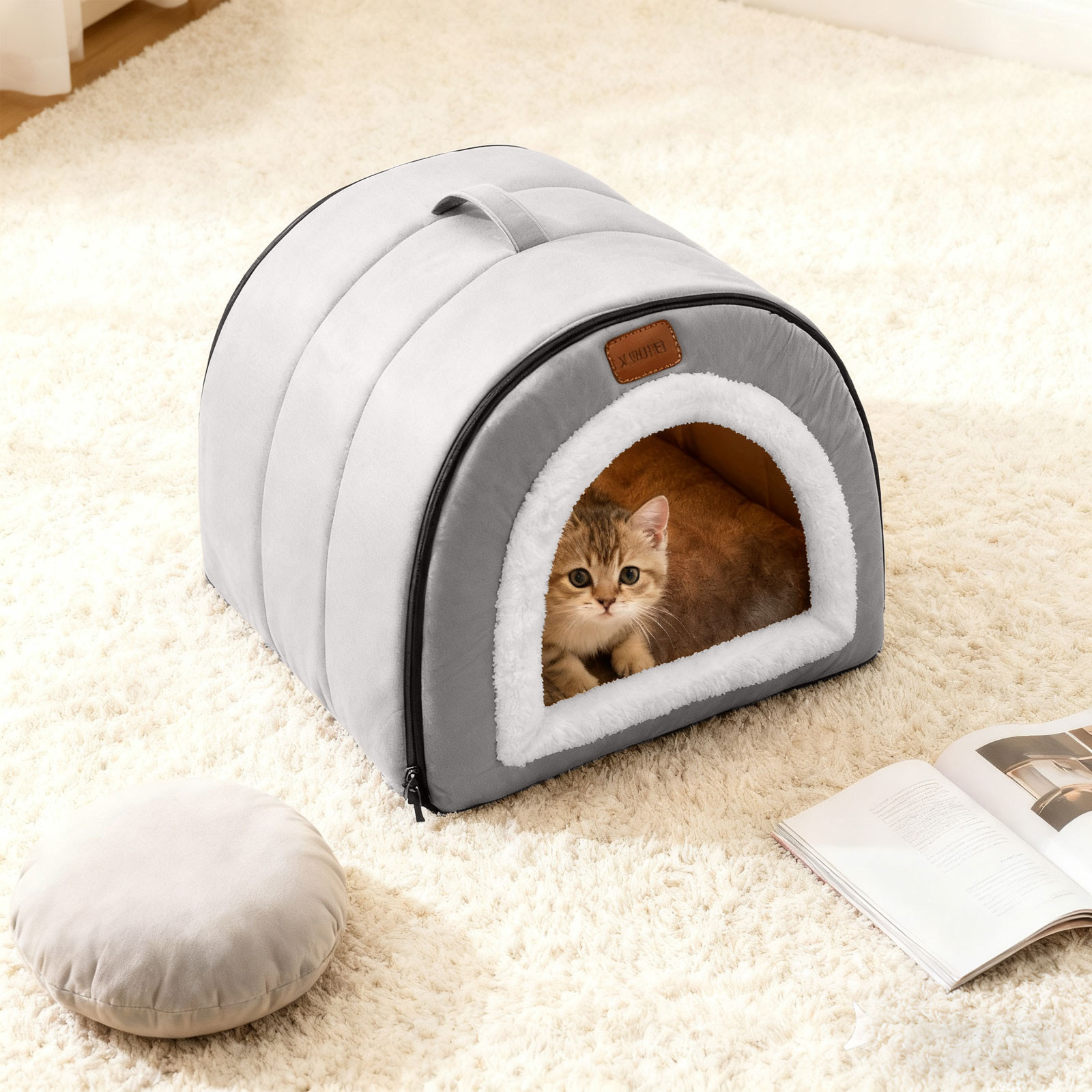 Warm Deep Sleeping Orthopedic Cat Bed Enclosed Indoor Tent with Removable Washable Cushion for All Seasons