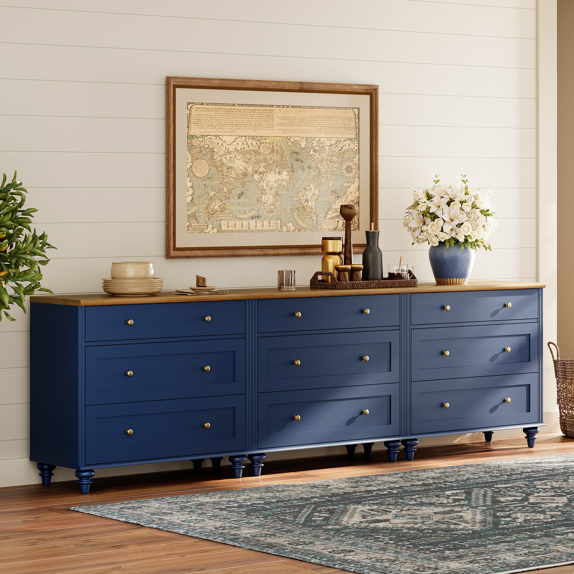TV Stand for 100 Inch TV, Kitchen Buffet Sideboard with 9 Drawers, TV Cabinet for Living Room and Dining Room, Navy Blue