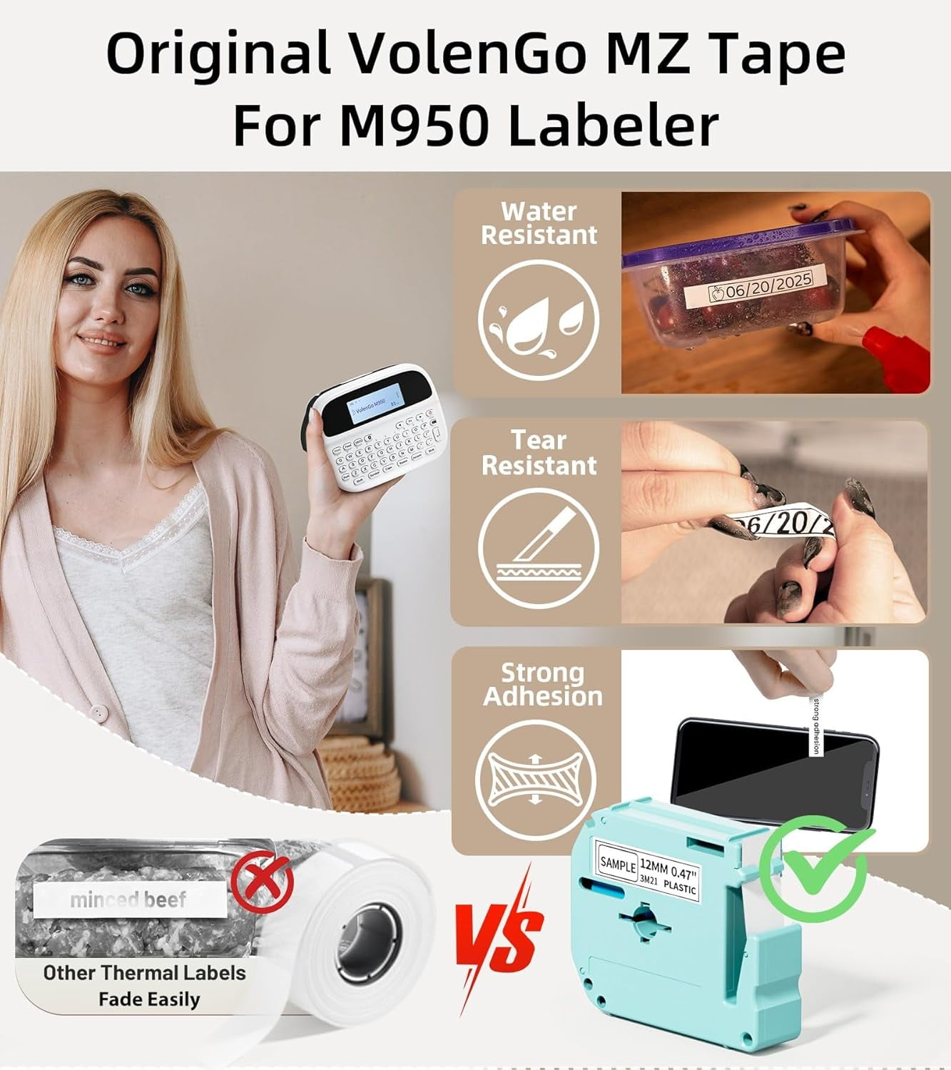 Phomemo M950 Label Maker – Bluetooth Waterproof Label Maker with QWERTY Keyboard, USB-C Rechargeable Handheld Printer, Replace P-HTM950 for School, Home & Office