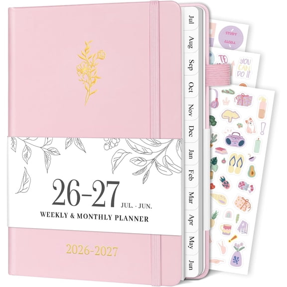 Planner 2026-2027, Weekly and Monthly Planner with Tabs from Jul 2026 - Jun 2027, A5 Hardcover Academic Calendar with Date for School & Office Schedule, 5.8" x 8.3", Pink