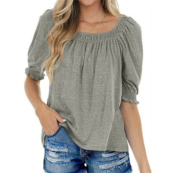 Square Neck Womens Casual Puff Half Sleeve Tops Pleated T Shirts