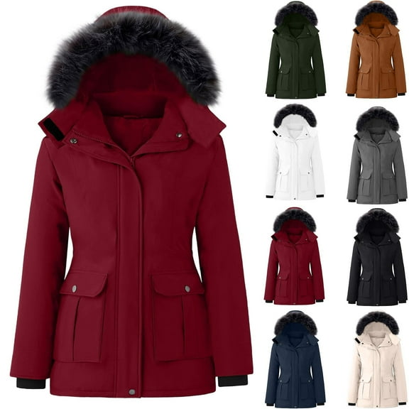 Meichang Winter Coats for Women with Faux Fur Hood Sherpa Fleece Lined Jacket Parkas Petite Women Anoraks Thicken Warm Zip Up Jackets Outerwear