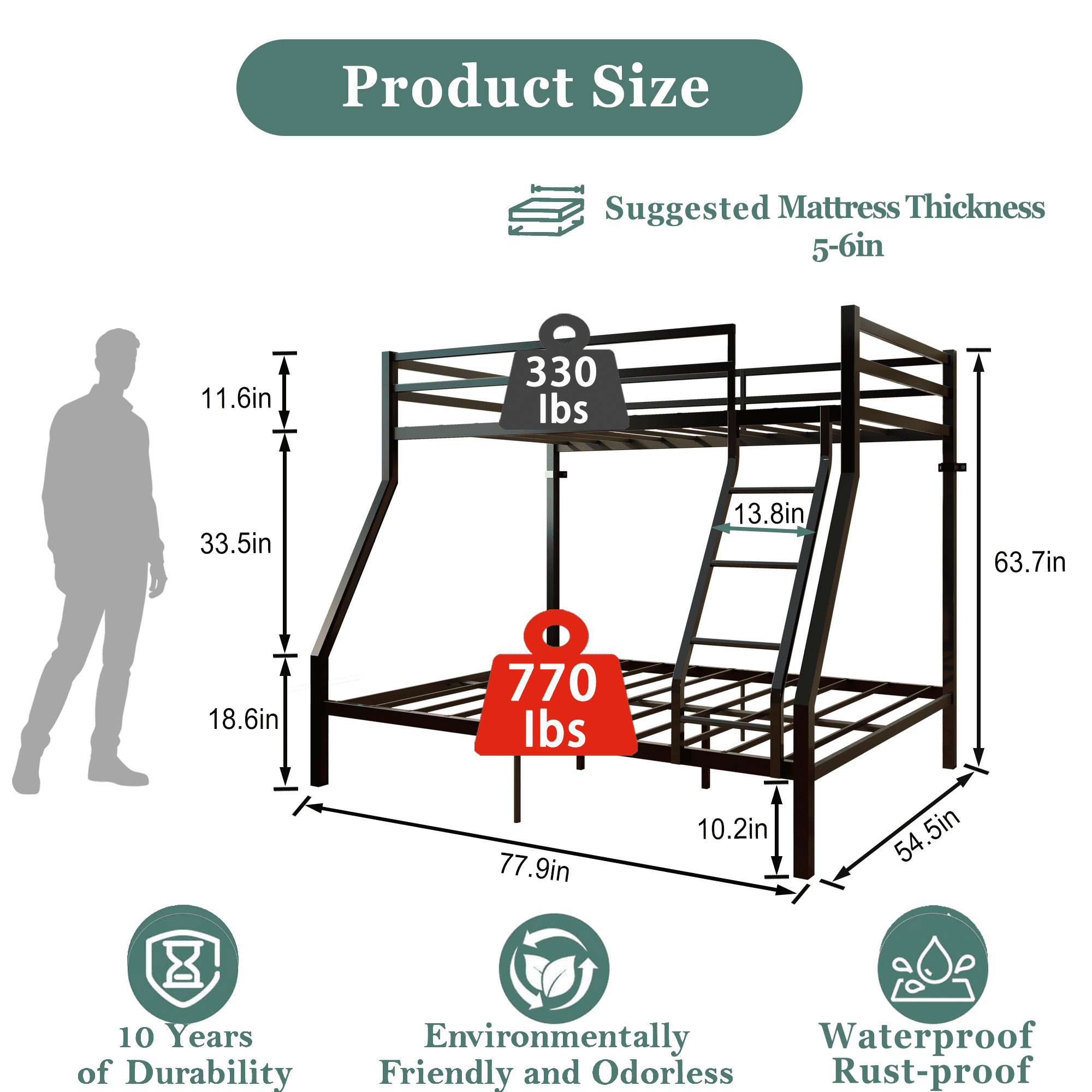 Miniyam Twin Over Full Metal Bunk Bed with Guardrails and Angled Ladder, Black