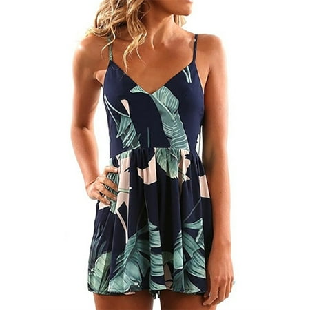 White Stripe Romper - Backless Summer Women Leaf Printing Jumpsuit Short Rompers