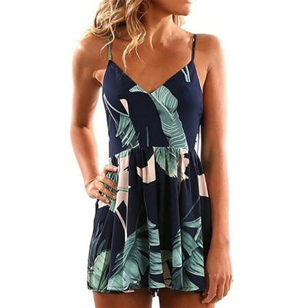 Backless Summer Women Leaf Printing Jumpsuit Short