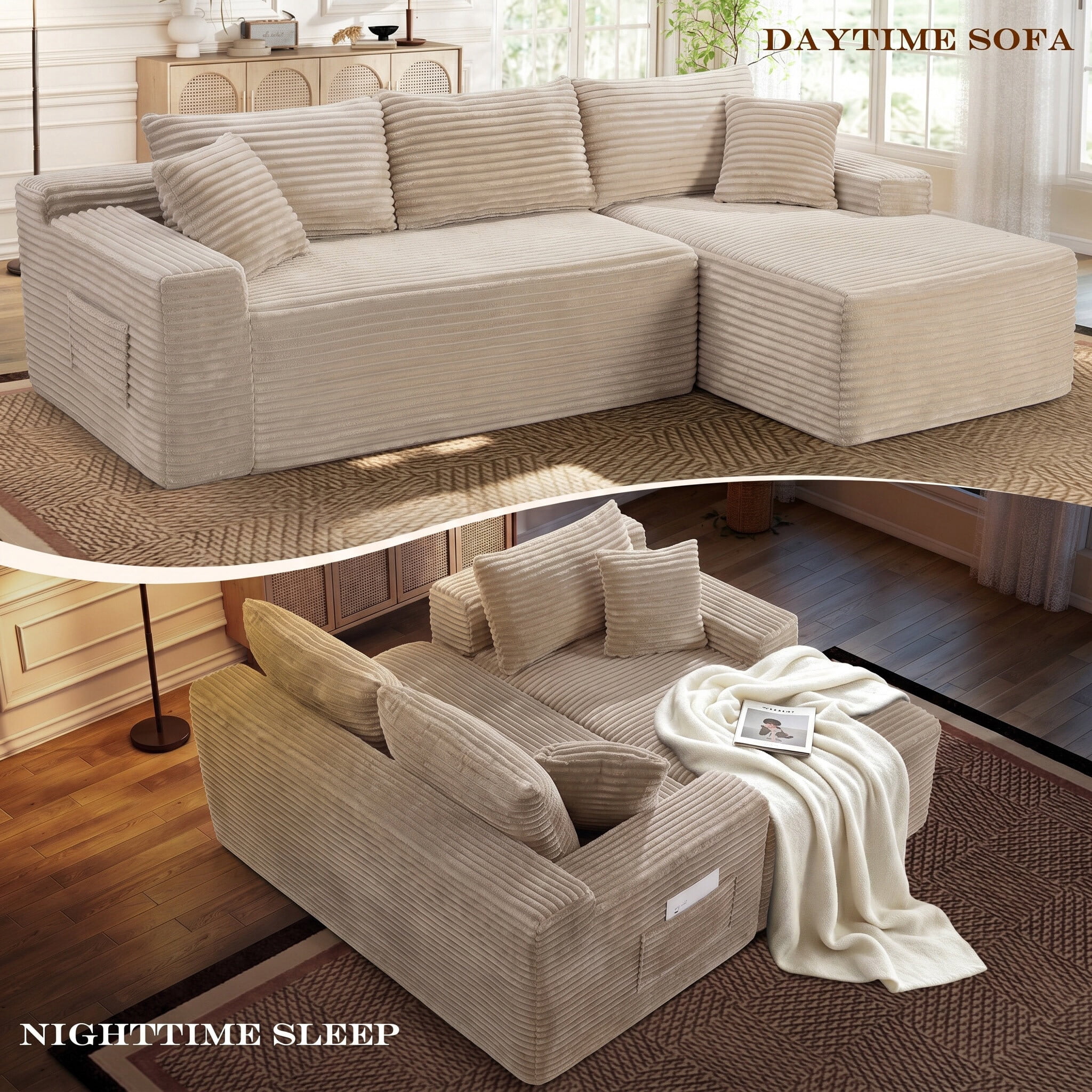 Lunale Small Modular Sectional Sofa with Movable Chaise, L-Shaped Boneless Cloud Couch for Living Room, Camel (Right Facing Chaise)