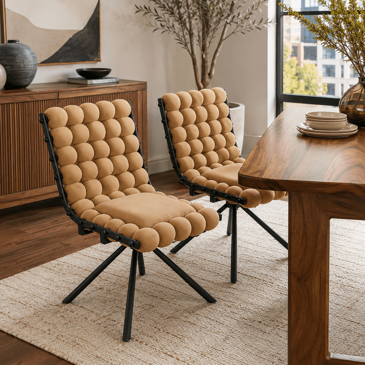 Aukfa Velvet Swivel Dining Chairs Set of 2, Modern Bubble Tufted Kitchen Side Chairs, Black Metal Legs,Camel