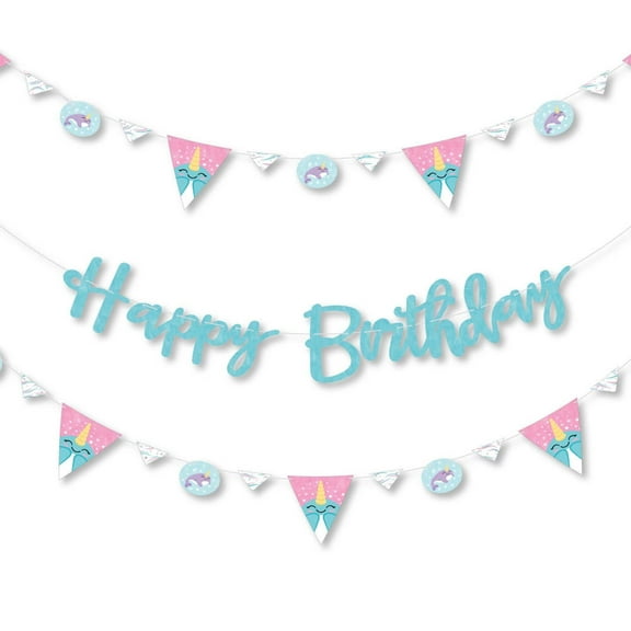 Big Dot of Happiness Narwhal Girl - Under The Sea Birthday Party Letter Banner Decoration - 36 Banner Cutouts and Happy Birthday Banner Letters