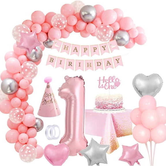 BIRLON Pink 1st Birthday Decorations for Girls, 40 Inch Number 1 Balloon, Happy Birthday Banner, Cake Topper, Latex and Foil Balloons, Tablecloth, Hat, First Birthday Party Supplies